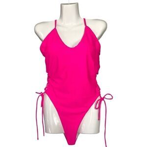Hot Pink Lace Up One Piece Swimsuit